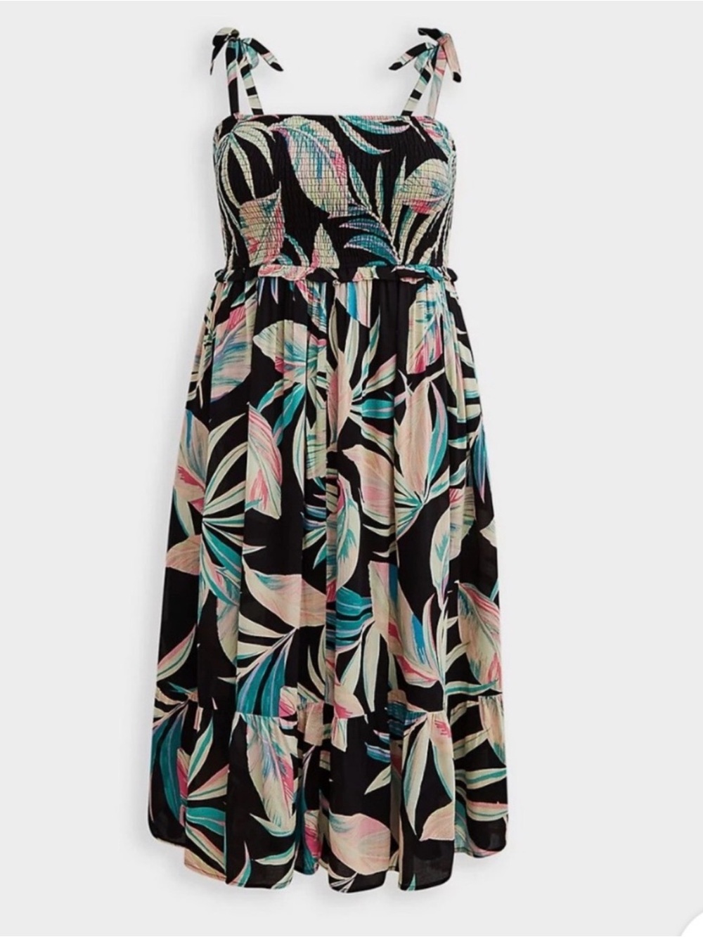 Torrid Smocked Tie-Shoulder Midi Dress - Black Tropical Print